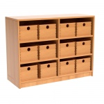 Schrank mit 12 Massivholzkästen,  75 cm hoch, 104x40 cm (B/T), mit Mittelwand, 